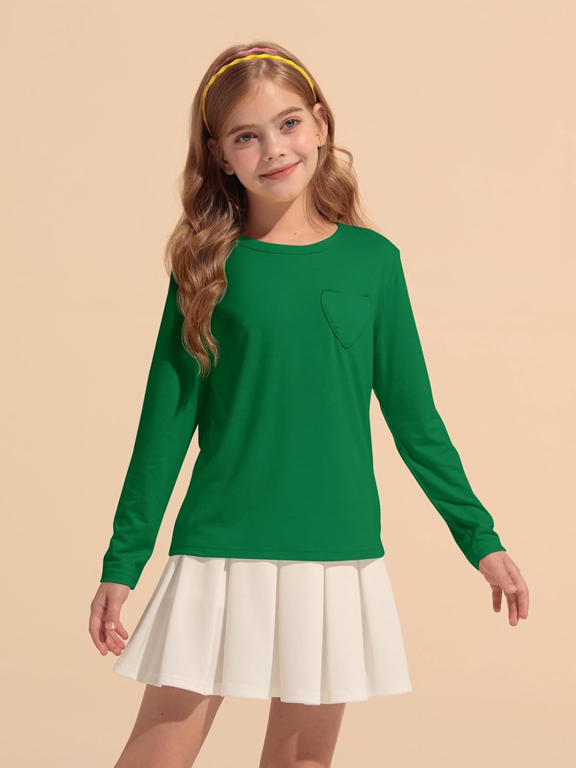 Haloumoning Girls Long Sleeve Heart Pocket T-Shirts Kids Cute Fall Tops Crewneck Basic Tees 5-14 Years - Image 2