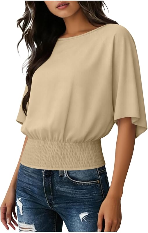 Boho Tops for Women Spring Crew Neck Short Sleeve Banded Bottom T Shirts Basic Blouses Business Casual Clothes