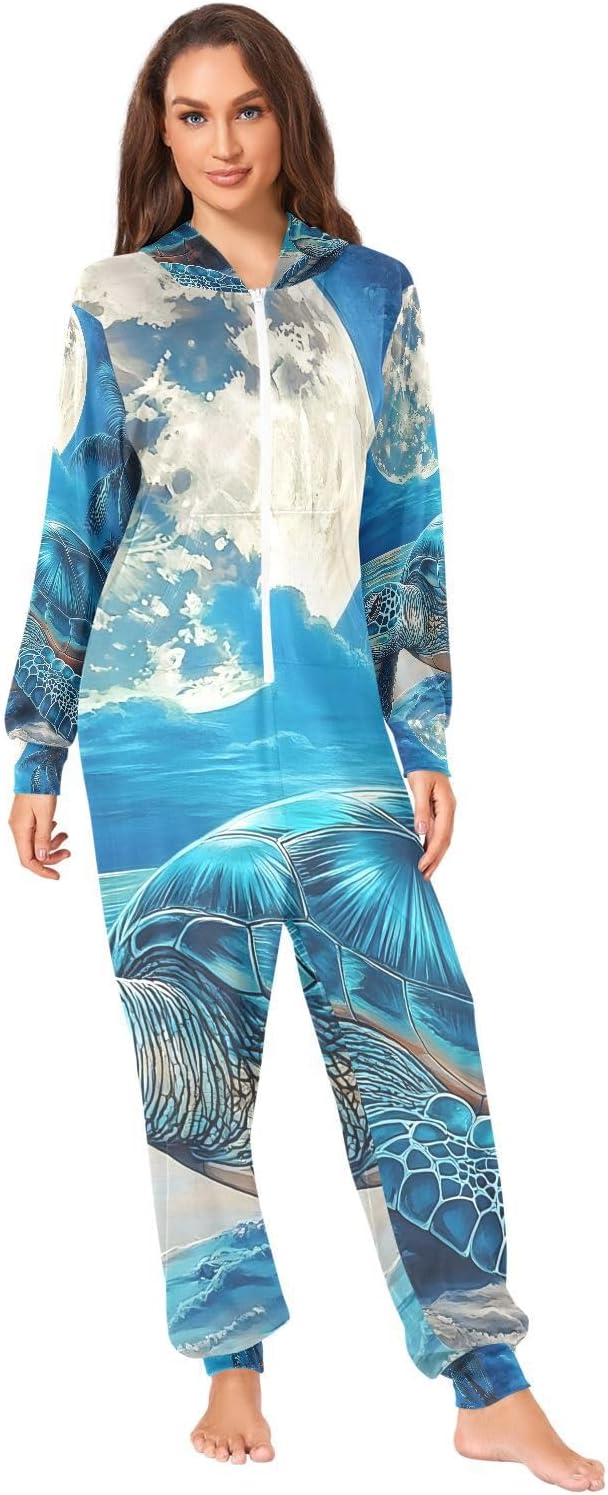 Turtle Moon Nautical Coastal Unisex Adult Onesie Pajamas Comfy One Piece Costume Jumpsuits Novelty Sleepwear Homewear for Men Women