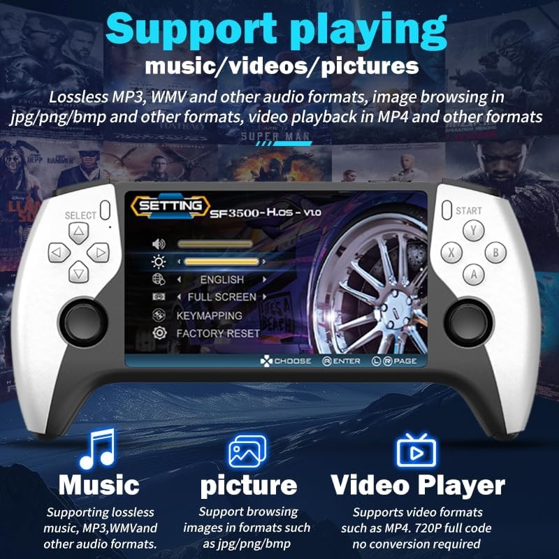 SF3500 Retro Handheld Game Console displaying multimedia options for music, pictures, and video playback