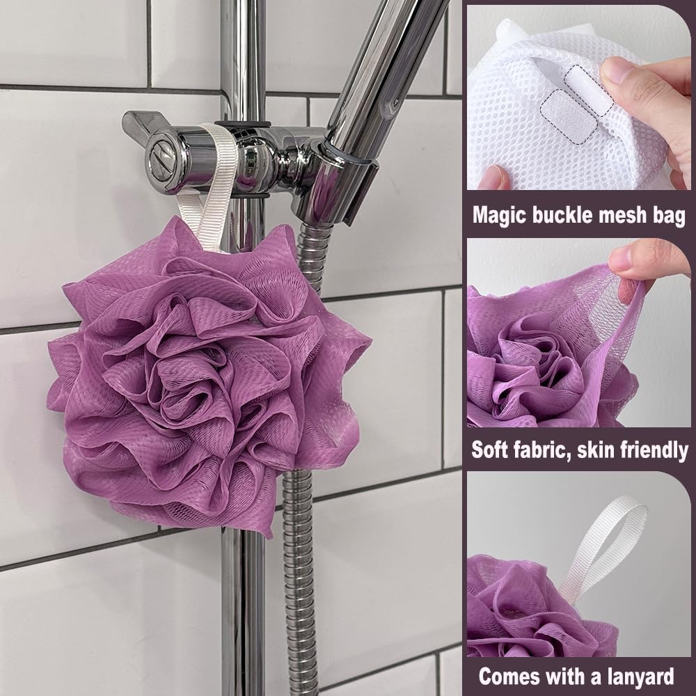 3 Pack Bath Loofah Shower with Soap Bags, Dual-Use Exfoliating Bath Sponges Soap Saver for Women & Men, Gentle Body Scrubber (White, Gray, Purple) - Image 2