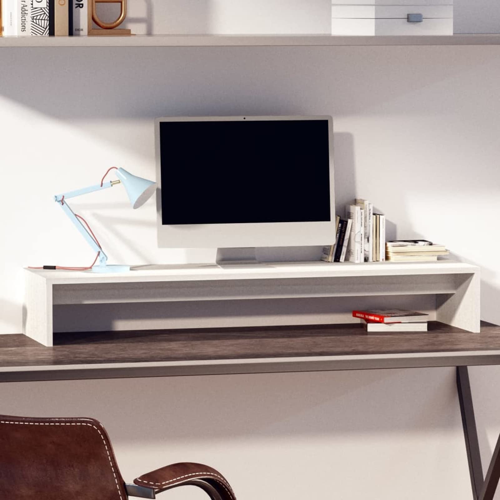 Homgoday Supporto per monitor per computer, altezza dello schermo per scrivania, laptop, supporto stampante, supporto per laptop, monitor, bianco, 100 x 27 x 15 cm, legno massiccio di pino