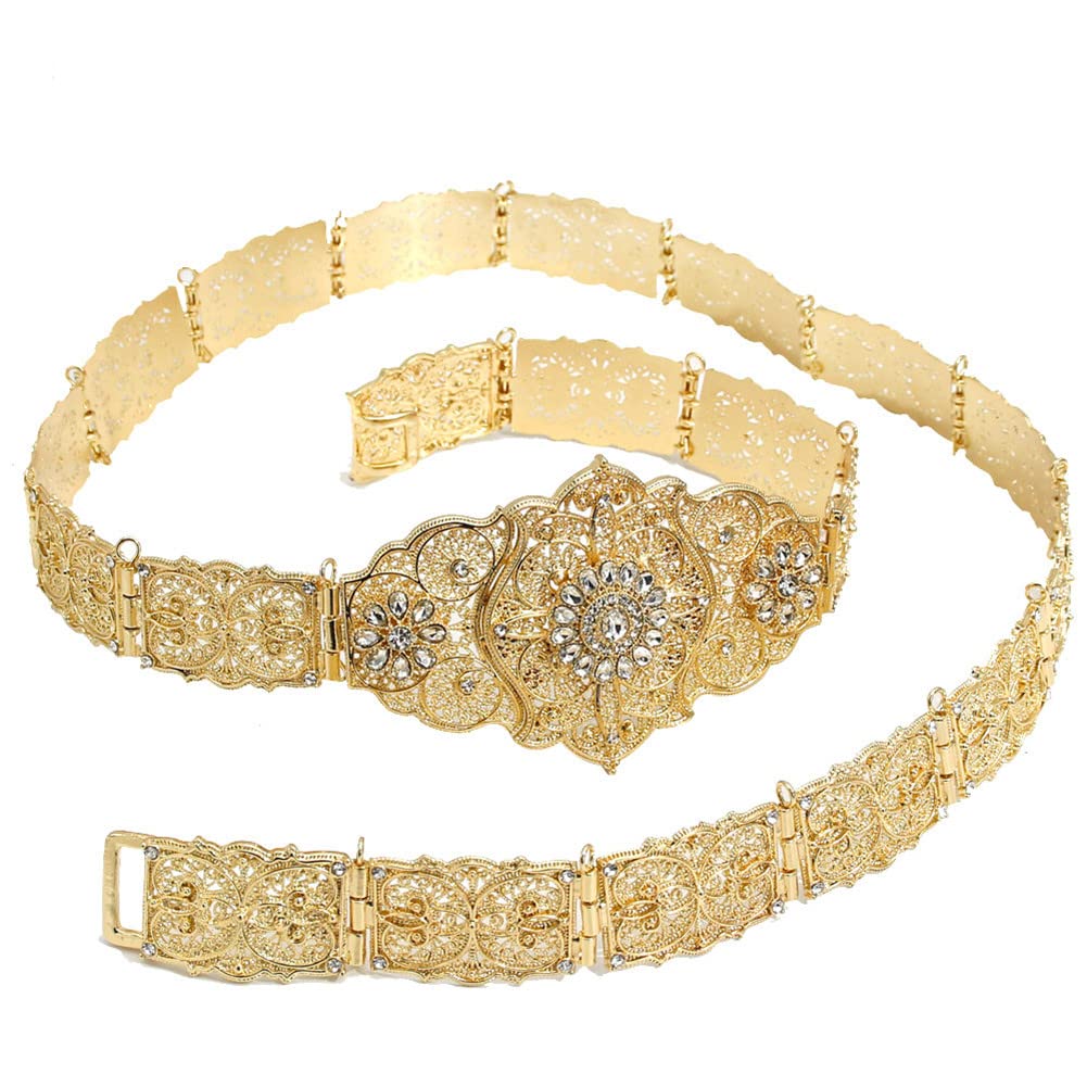 LNNSHX Cinturón marroquí de Color Dorado para Mujer, Cadena de Cintura de Metal de Cristal, cinturón del Cáucaso de Longitud Ajustable