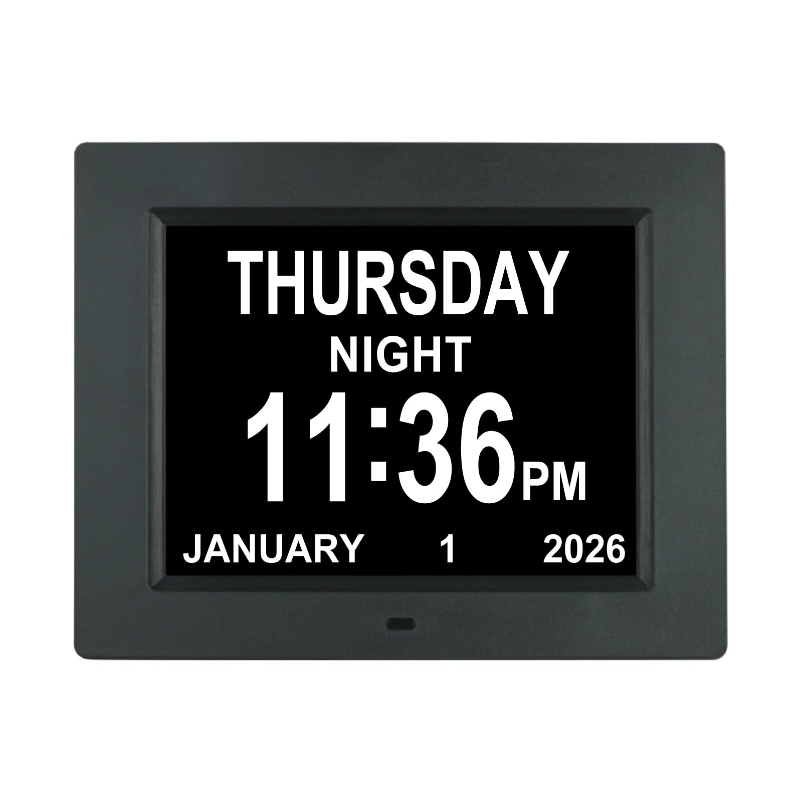 Aowasi 8.1" Black Digital Day Calendar Clock Non-Abbreviations Day Date Time 8 Alarm Options Dementia Alzheimer Impaired Vision Memory Loss Clocks For Senior Elderly