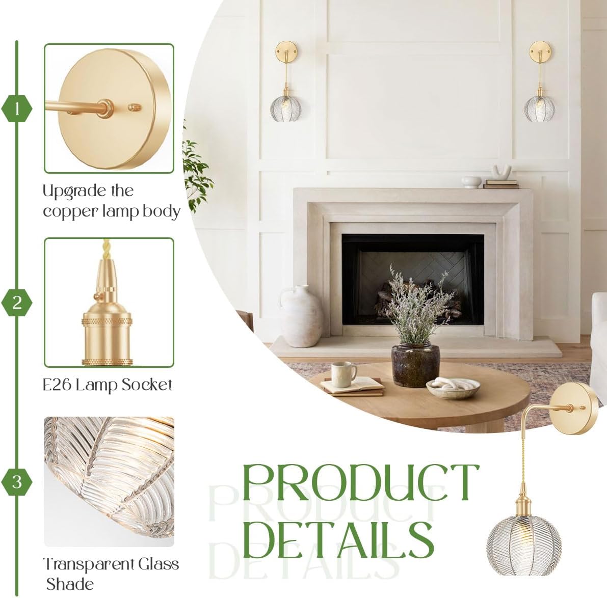 Adjustable Glass Wall Lamps,Gold Brass Wall Sconces Modern Bathroom Vanity Light Fixtures with Clear Ribbed Glass Shade Mid Century Globe Wall Lamp for Bedroom Living Room Hallway