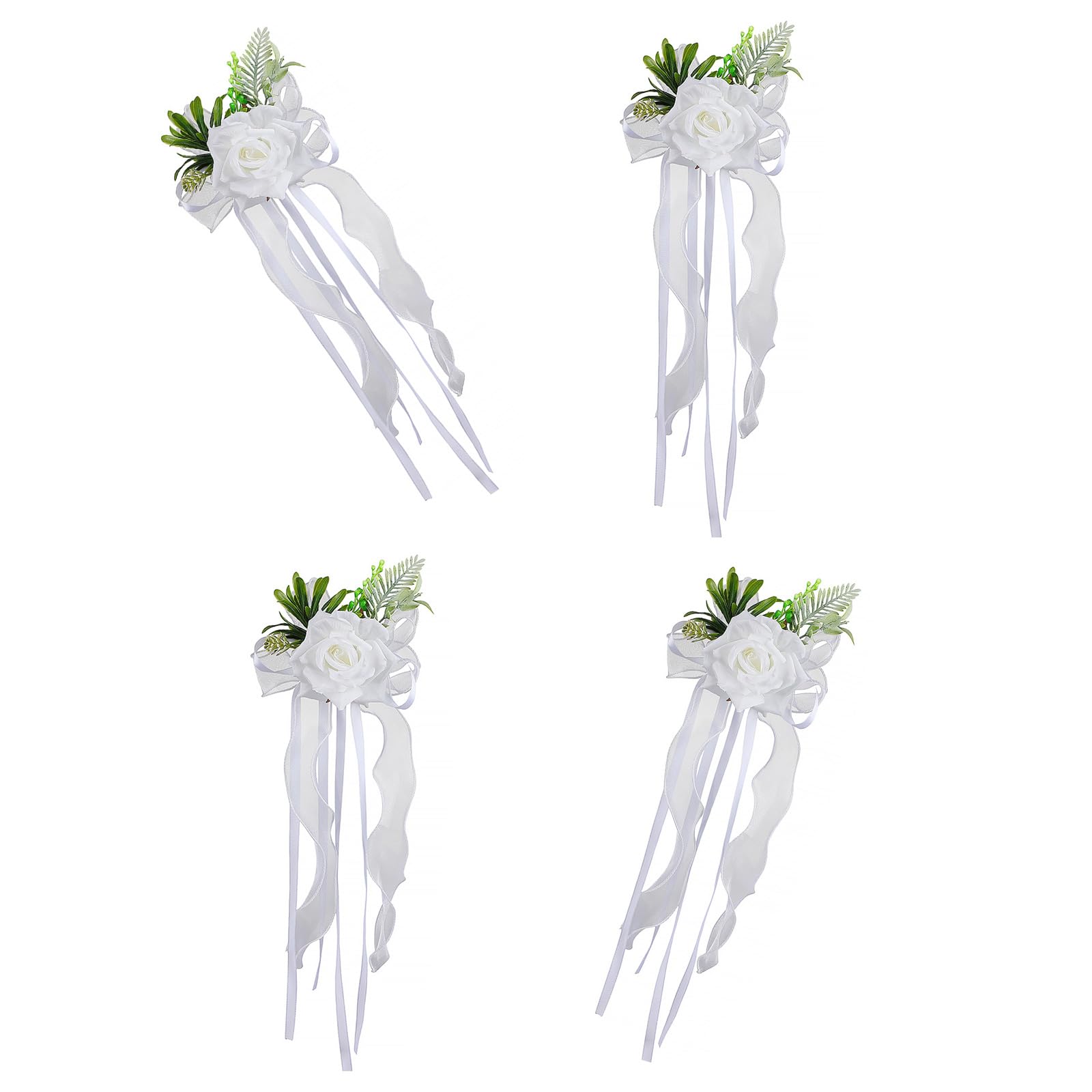 Msioytog White Of 4 Nuptial Car Simulation Flower Adornment Elegant Bridal Car Decoration Silk Bowknot Flower Glasses Embellishment Faux Rose Decoration