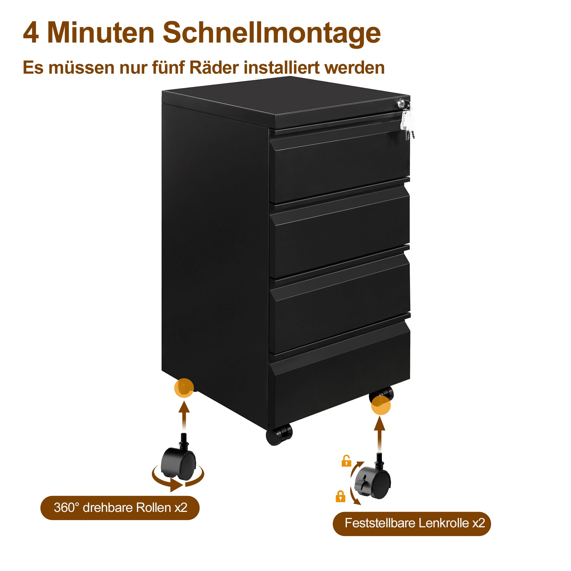 Rollcontainer, Mobiler Aktenschrank mit Schloss, 4 Schlüssel, 4 Schubladen, Büroschrank aus Metall, Bereits Vormontiert, für Büro, Heimbüro, Schwarz