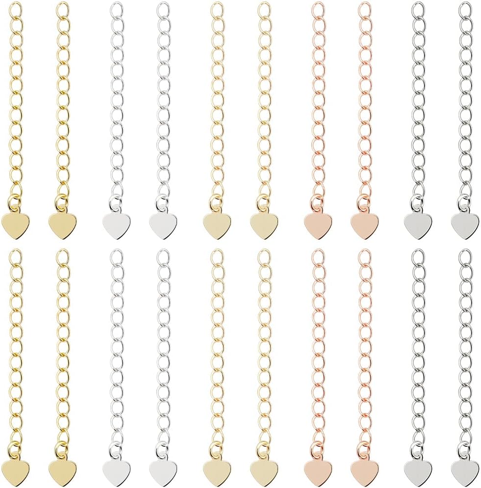 Beebeecraft 1 Box 50Pcs Heart Necklace Extender 18K Gold Plated Brass 5 Colors 56.5mm Chain Extension End Chains with Heart Tabs for Jewelry Making