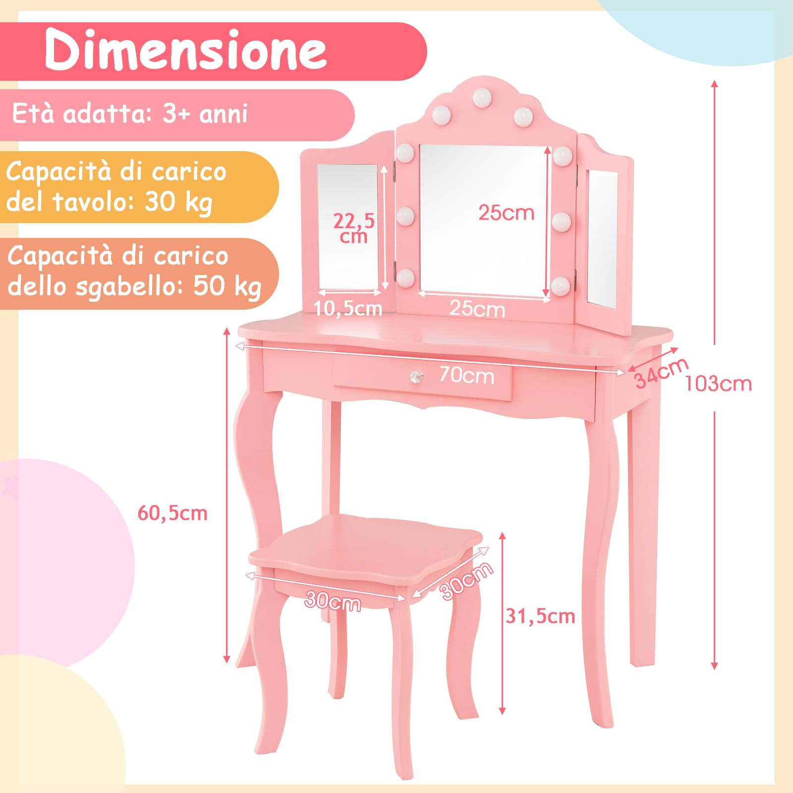 RELAX4LIFE Toeletta Trucco per Bambina con 9 Lampadine LED, 3 Colori di Luci, Specchiera Trucco con Sgabello, Toeletta in Legno, Specchio Rimovibile, per Bambini 3+ Anni (Rosa, L)