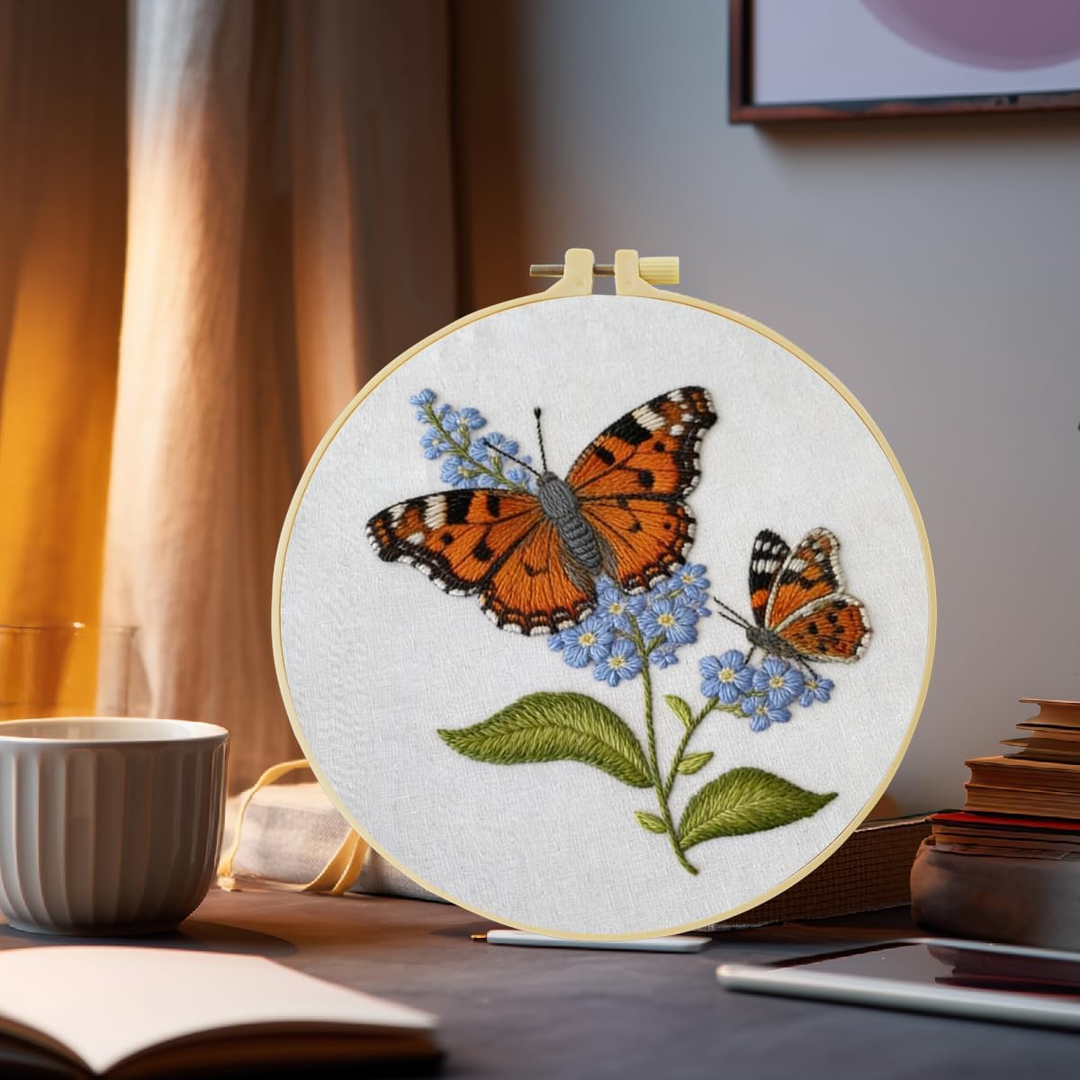 Embroidery Kit for Beginners – Complete Hand Embroidery Starter Set with Hoop, Pattern Cloth, Color Threads & Needles, DIY Embroidery Set for Relaxation, Home Décor & Unique Gifts (Two Butterflies)