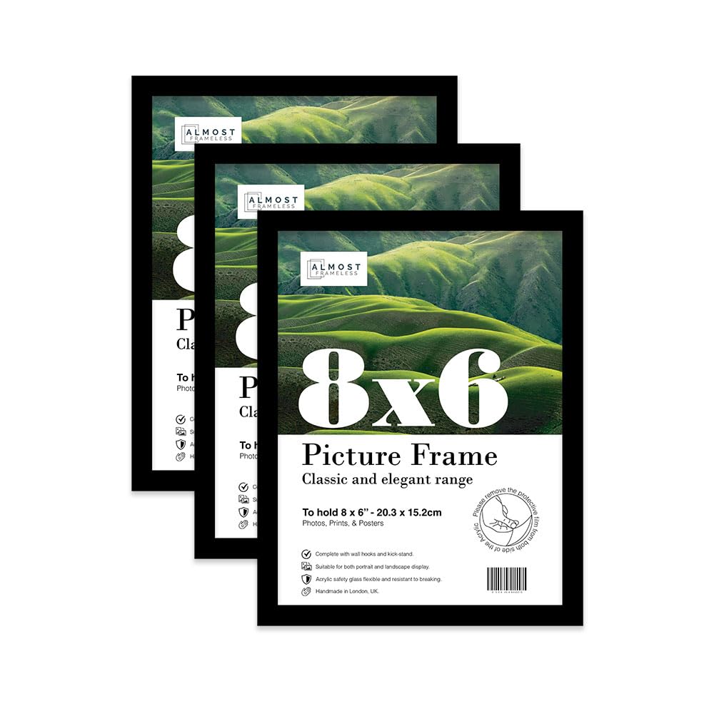 Almost Frameless 8x6 Black Picture Frame Set of 3, Display 8x6 Picture Gallery Wall, Poster, Photo, Artwork, or Print, Yellow