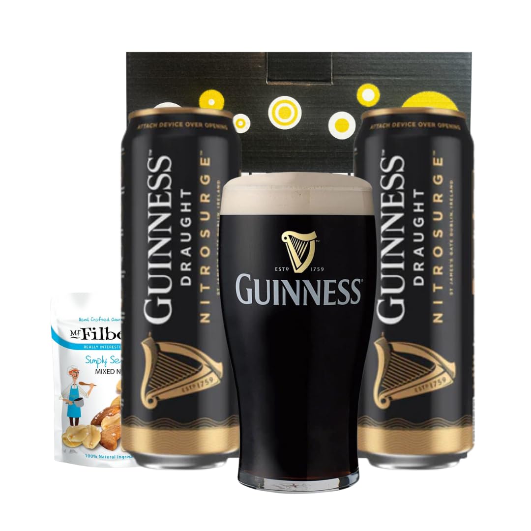 Guinness NitroSurge Draught Stout Cans Gift Set with Official Guinness Pint Glass (2 Pack) – Smooth Pour Technology, 4.2% ABV – Premium Beer Gift for Him, Her, Birthdays & More