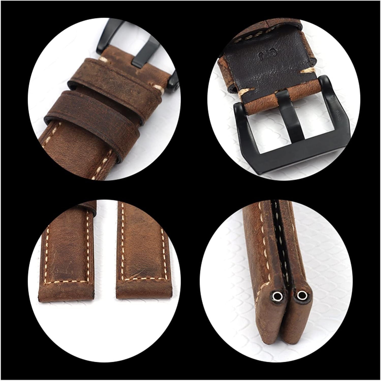 MJMT06 24mm Brown Grey Red Crazy Horse Leather Watchband Compatible with Panerai Watch Strap Compatible with PAM441 Bracelet Pin Buckle Watch Band Tools Free