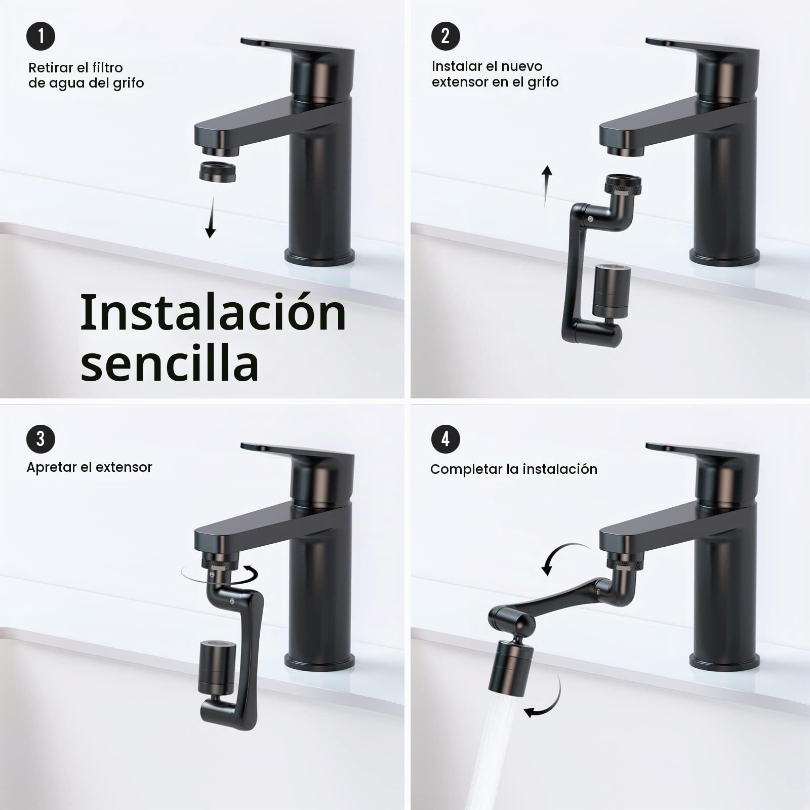 Aoresac 1440° Aptador Grifo Lavabo,Grifo Giratorio Extensor Aireador de Grifo Duradero a Prueba de Salpicaduras 2 Modos de Agua Ajustables, Aplicables M20 M22 M24 (Negro)