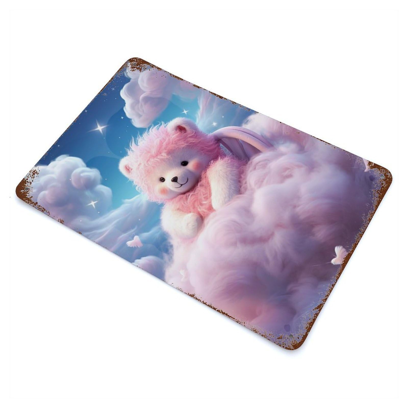 Pink Teddy In Dreamland 11.8"x7.9" Aged Metal Wall Plaque, Novelty Wall Decor for Shed, Workshop And Garage Wall Decor