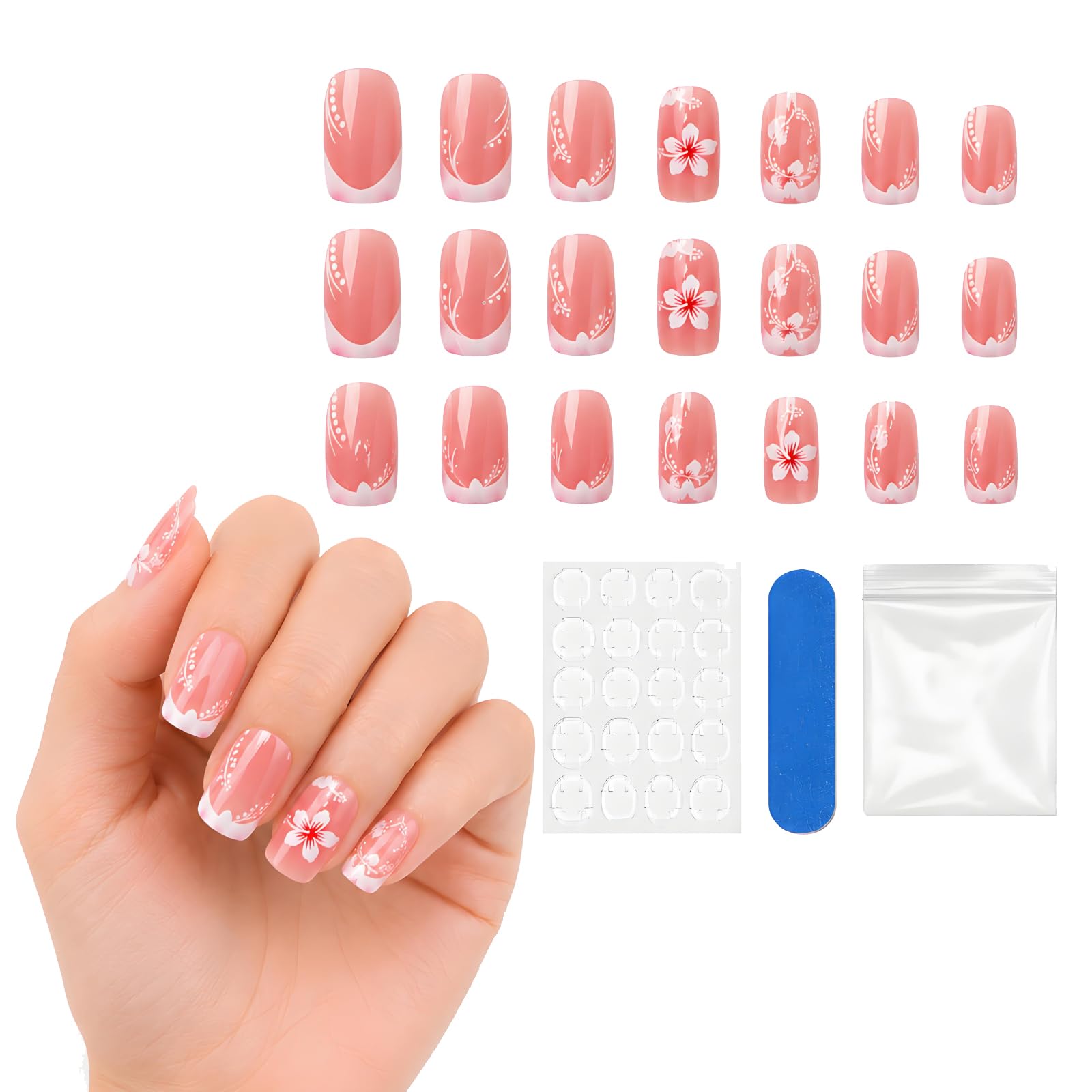 24 Pezzi Unghie Finte in Gel con Motivo Floreale Rosa Lucido Unghie a Pressione Quadrate per Estate Matrimonio e Appuntamenti Manicure Riutilizzabile per Donna e Ragazza