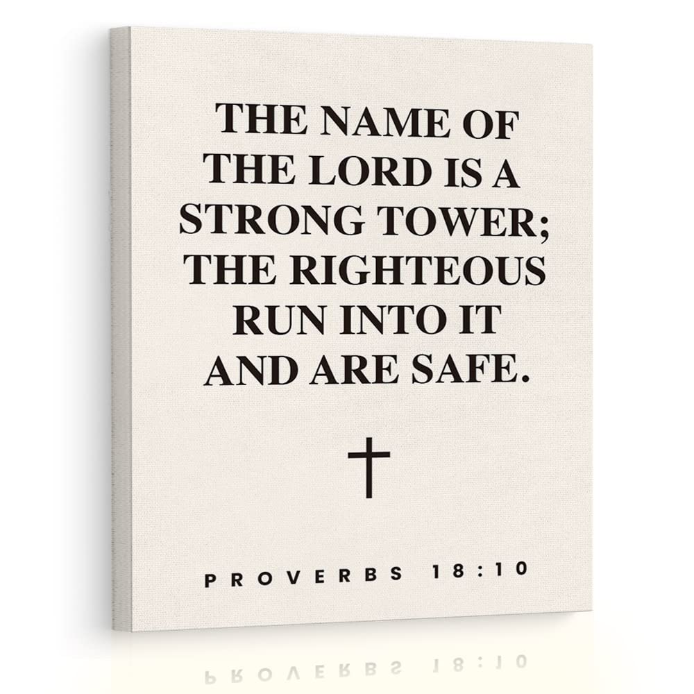 Inspirational Religious Canvas Wall Art Framed Christian Painting Decor, The Name of The Lord Is A Strong Tower, Bible Verse Scripture Quotes Art Print for Home Bedroom Kitchen Wall Decoration 12"x15"