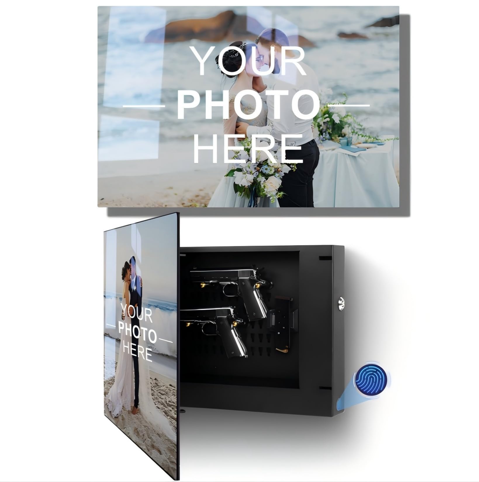 Custom Biometric Hidden Gun Safe fits 2 Pistols with Your Photos