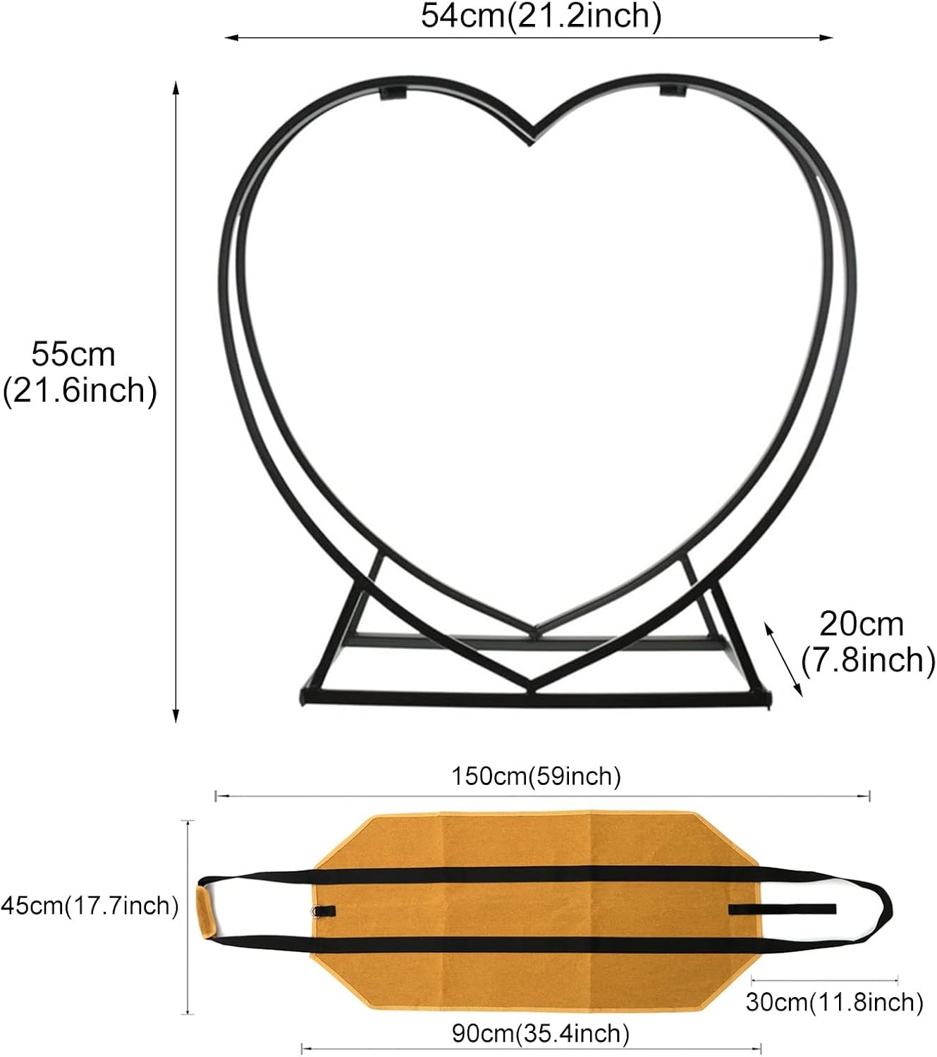 FQMYLTYN Small Firewood Rack with Log Tote Bag, Metal Heart Shaped Firewood Holder for Indoor Fireplace, Wood Storage Log Rack for Patio Deck Metal Outdoor Fireplace Pit, Black