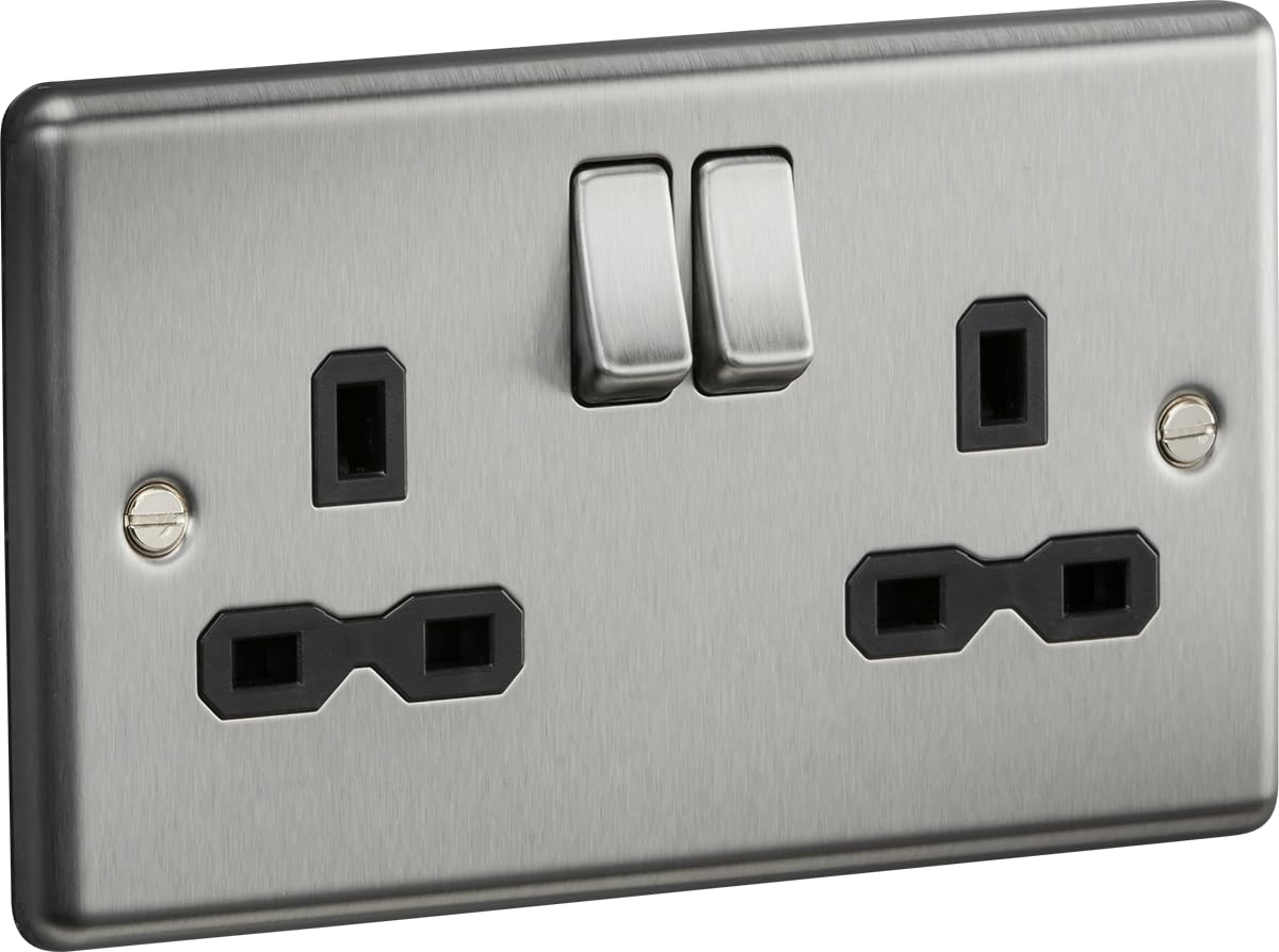 Knightsbridge Chrome 13A 2G Dp Switched Socket With Black Insert - Rounded Edge Brushed