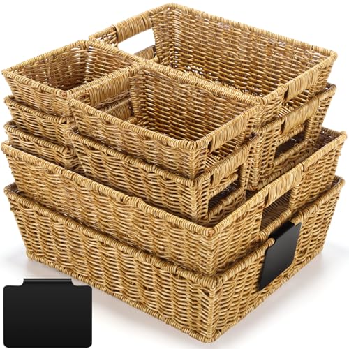 Marsui 9 Pcs Wicker Storage Baskets for Pantry Organization with Handle Labels Handwoven Multi-size Brown Small Organizer Baskets Storage Bins Container for Shelves Closet Toilet Christmas Holiday