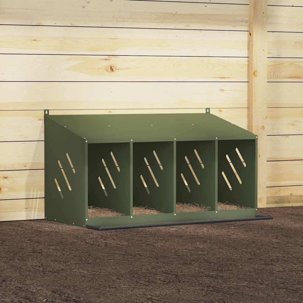 Brokky 864343 Nido per Polli con 4 Scomparti in Metallo Verde Oliva Nido per Galline Ovaiole,Ideale Pollaio Interno ed Esterno Tetto Spiovente