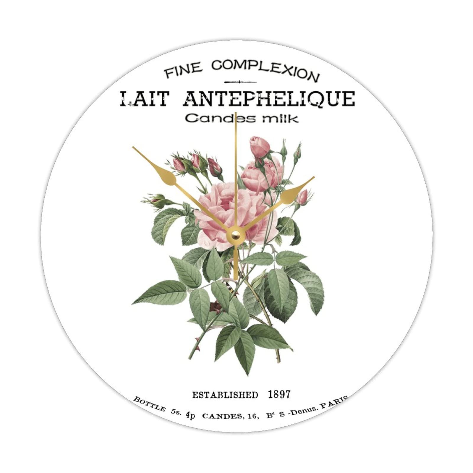 Horloge murale ronde en bois à motif floral multicolore avec mécanisme silencieux à piles