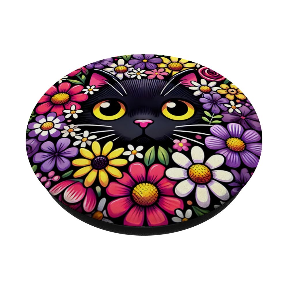 Black Cat Colourful Flowers Flowers Cartoon Cat PopSockets Swappable PopGrip - Image 2