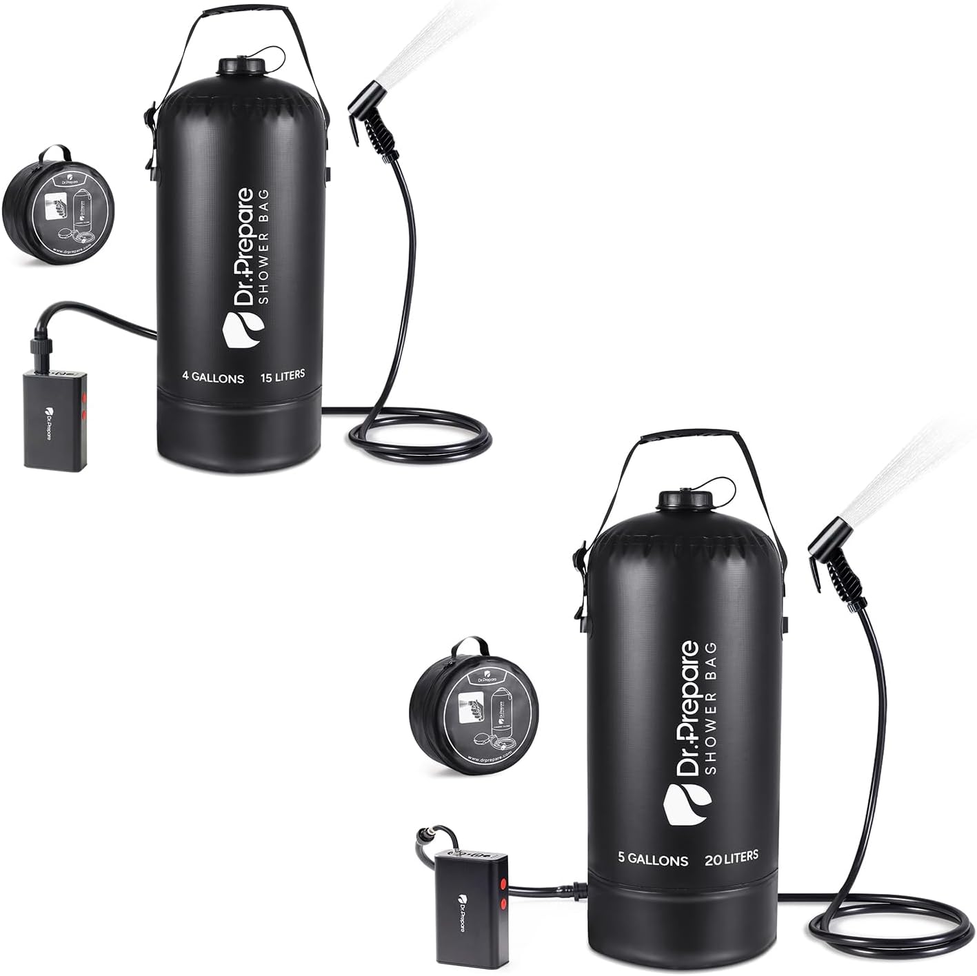 DR.PREPARE Camping Shower, 4 Gallons+5 Gallons Portable Shower with Rechargeable Pump，Outdoor Shower Bag for Camping, Hiking, Traveling, Beach