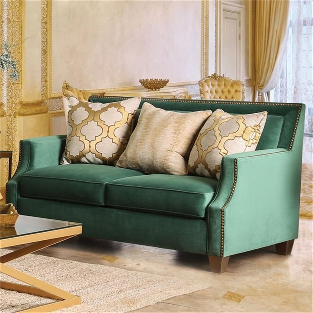 BOWERY HILL Transitional Microfiber Loveseat, Emerald Green Upholstery, Gold Nail Head Trim, 66" W x 41" D x 40" H, Solid Wood Frame, Decorative Accent Pillows, Living Room Seating
