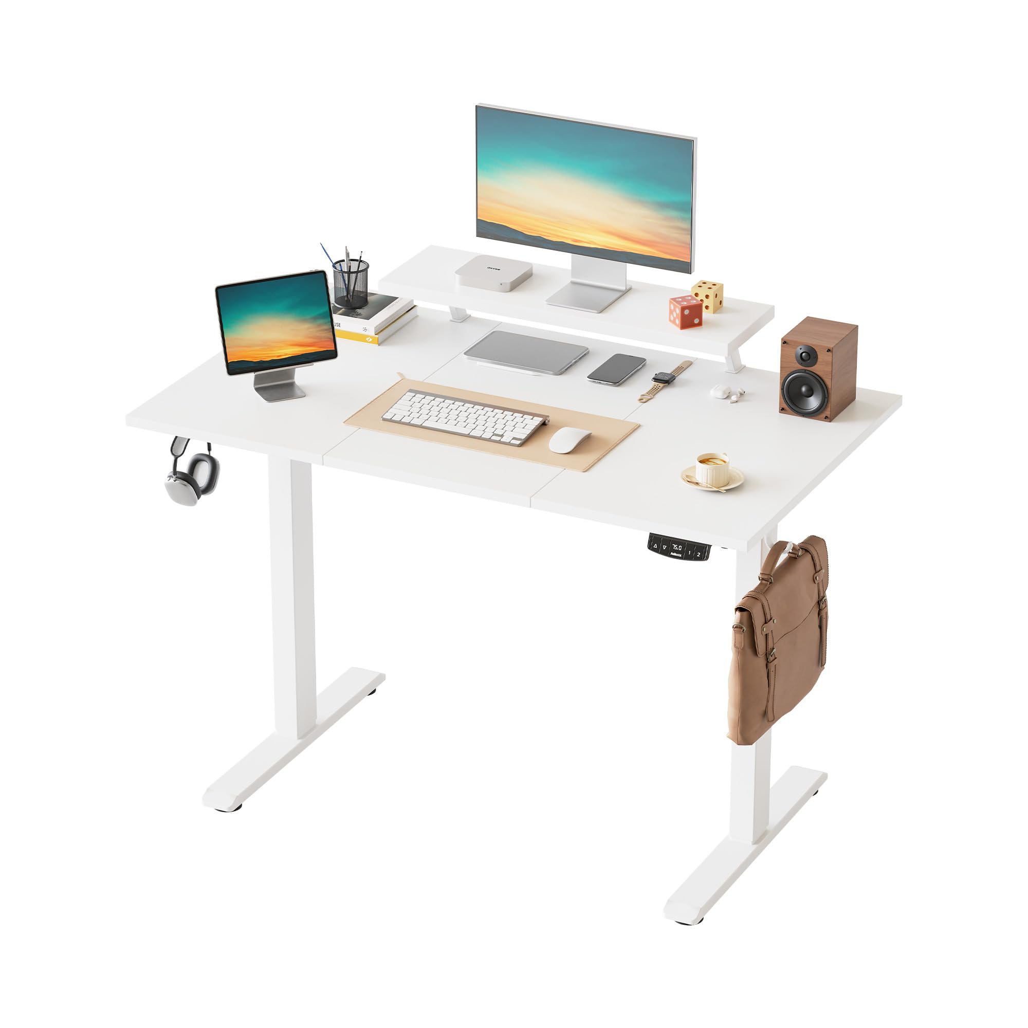 Klicelor Electric Height-Adjustable Desk with Movable Monitor Stand, 120 x 60 cm Sit-Stand Desk with 2 Memory Buttons and 3-Piece Table Top, Computer Desks, White