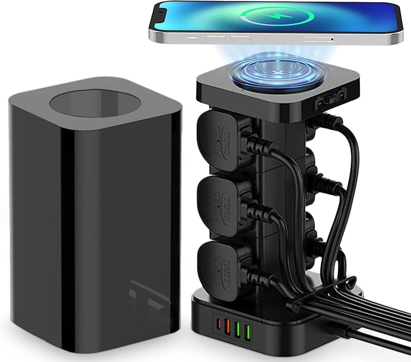 – 3 in 1 Power Extension Cord With Wireless Charger, And Cable Management Box with lock,4 USB Ports (30W 1* PD,18W 1* QC3.0,2* USB-A), And 6 Outlets 2500W Power Socket for Home, Office (TOWER)