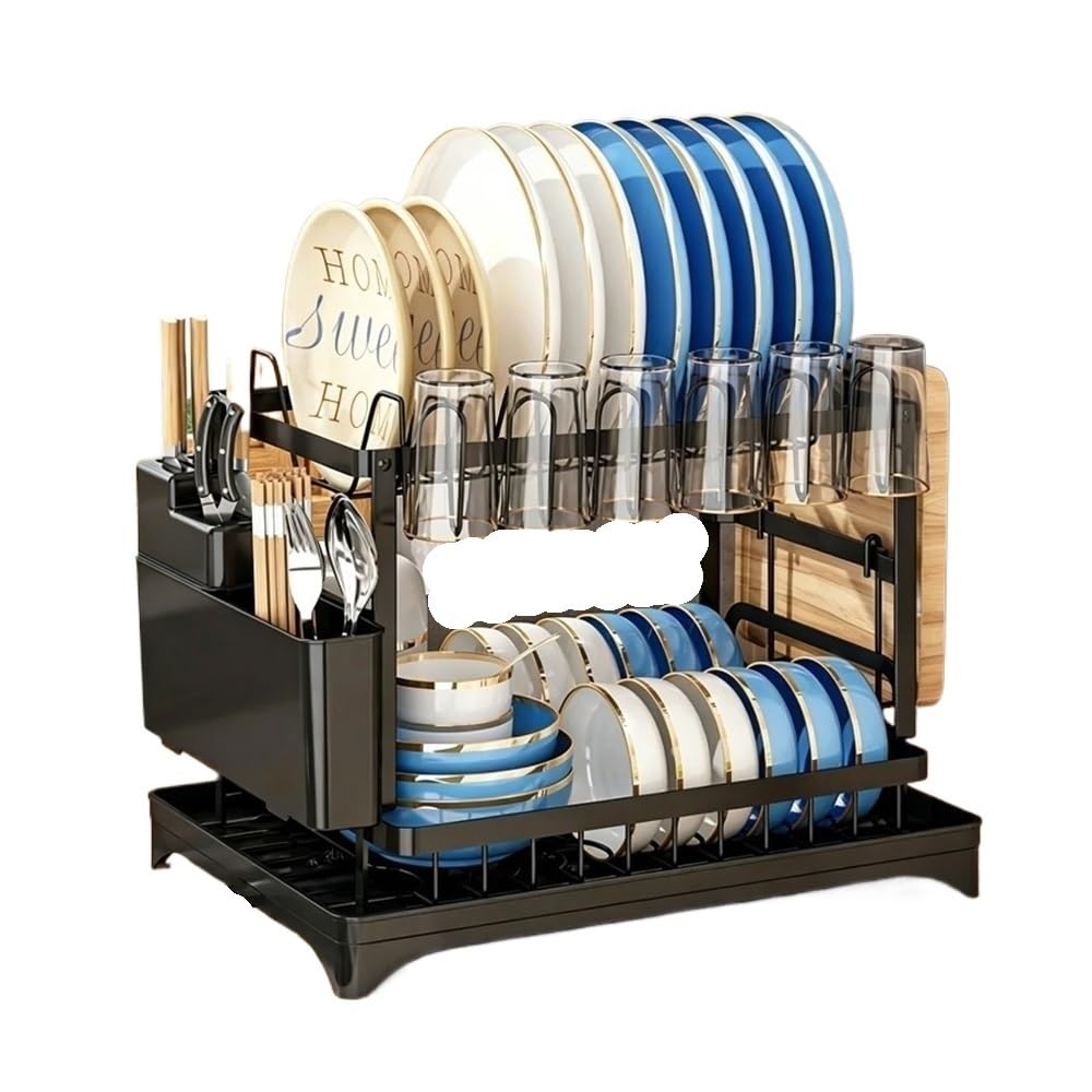 Jobaojiang Double-layer Large-capacity Dish Drain Rack With Water Guide Plate Kitchen Countertop Bowl Cup Tableware Storage Rack(50)