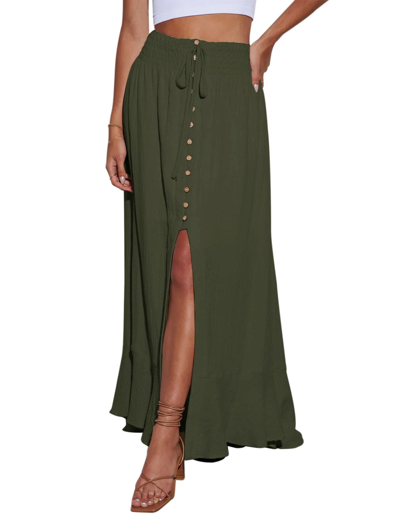 Minclouse Women's Elastic Tie Waist Button Down Maxi Skirts Casual Loose Flowy Swing Slit Front Dress