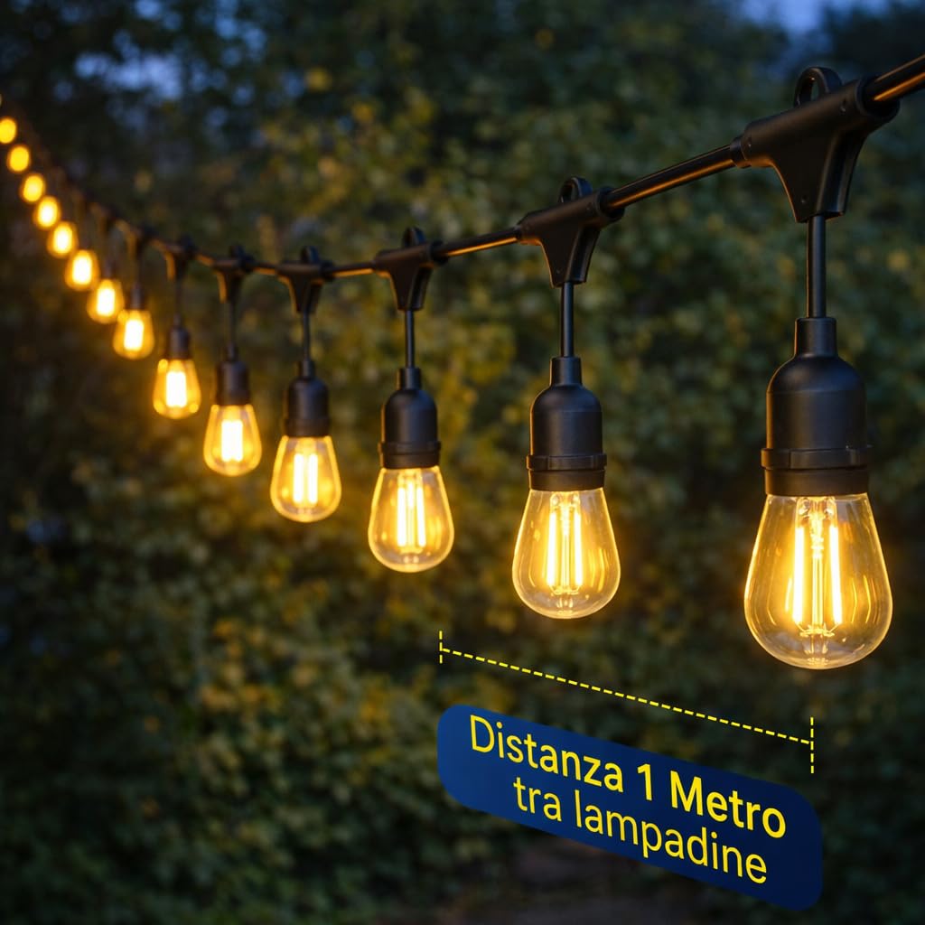 Catenaria Luci Esterno 30 Metri 30 Portalampade E27 Collegabile IP54 Connettori IP65 Catena Luminosa Giardino Terrazzo Senza Lampadine (300, Centimetri)