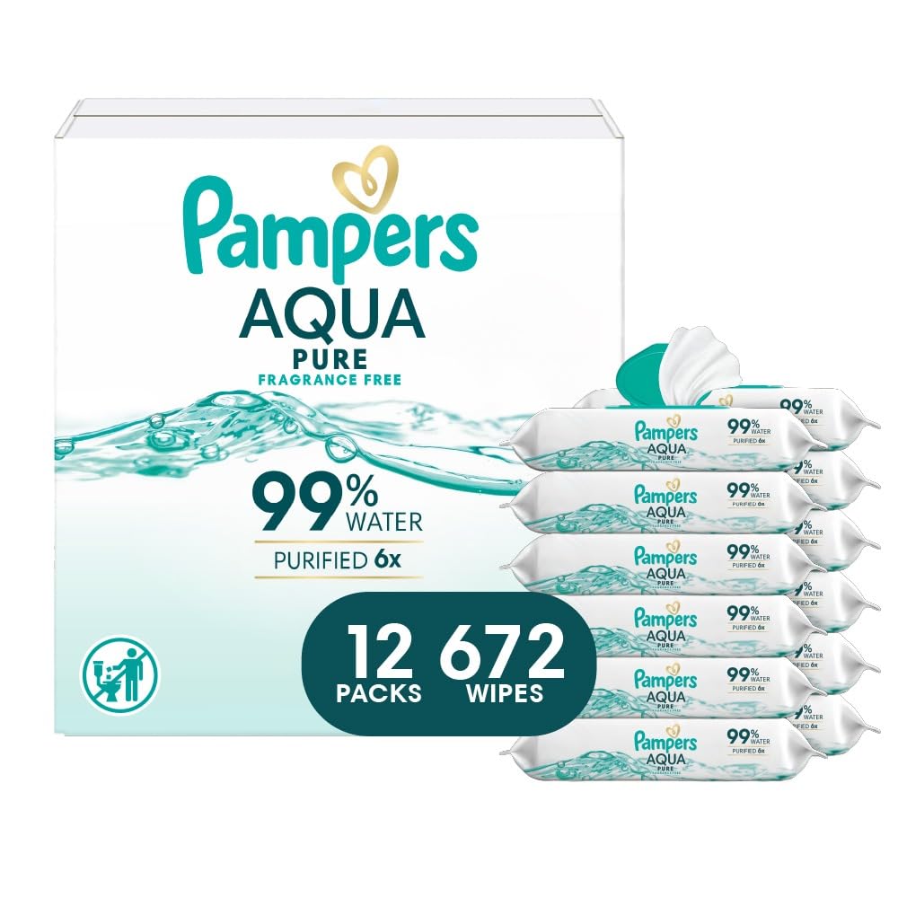Baby Wipes Aqua Pure, 99% water-based wipes, Hypoallergenic and Unscented Baby Wipes, 672 Wipes Total (12 Flip-Top Packs)
