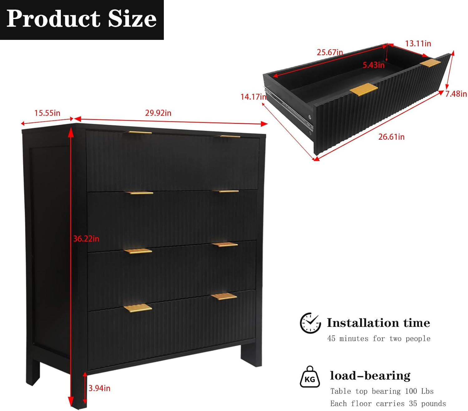 GarveeHome Dresser, Chest of Drawers, 4 Drawer Dresser, Waveform Fluted Panel Wood Dresser, Modern Dressers for Storage Drawers for Bedroom, Closet Living Room, Nursery Hallway Closet, Black