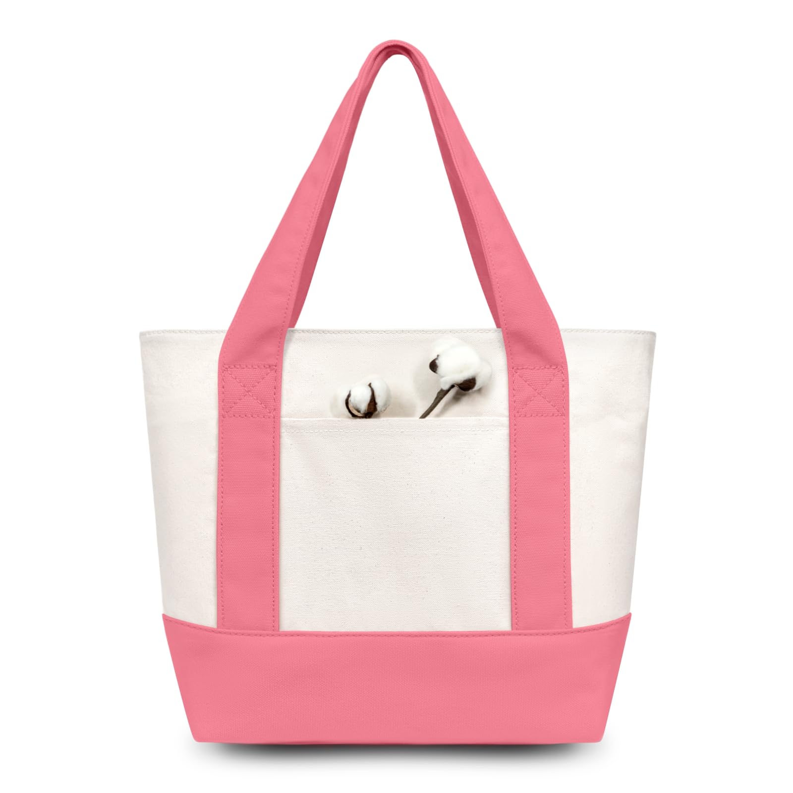 TOPDesign 12-Pack Small Canvas Tote Bags with an External Pocket, Reusable Bags, Top Zipper Closure, Daily Essentials (Rose Pink/Natural)