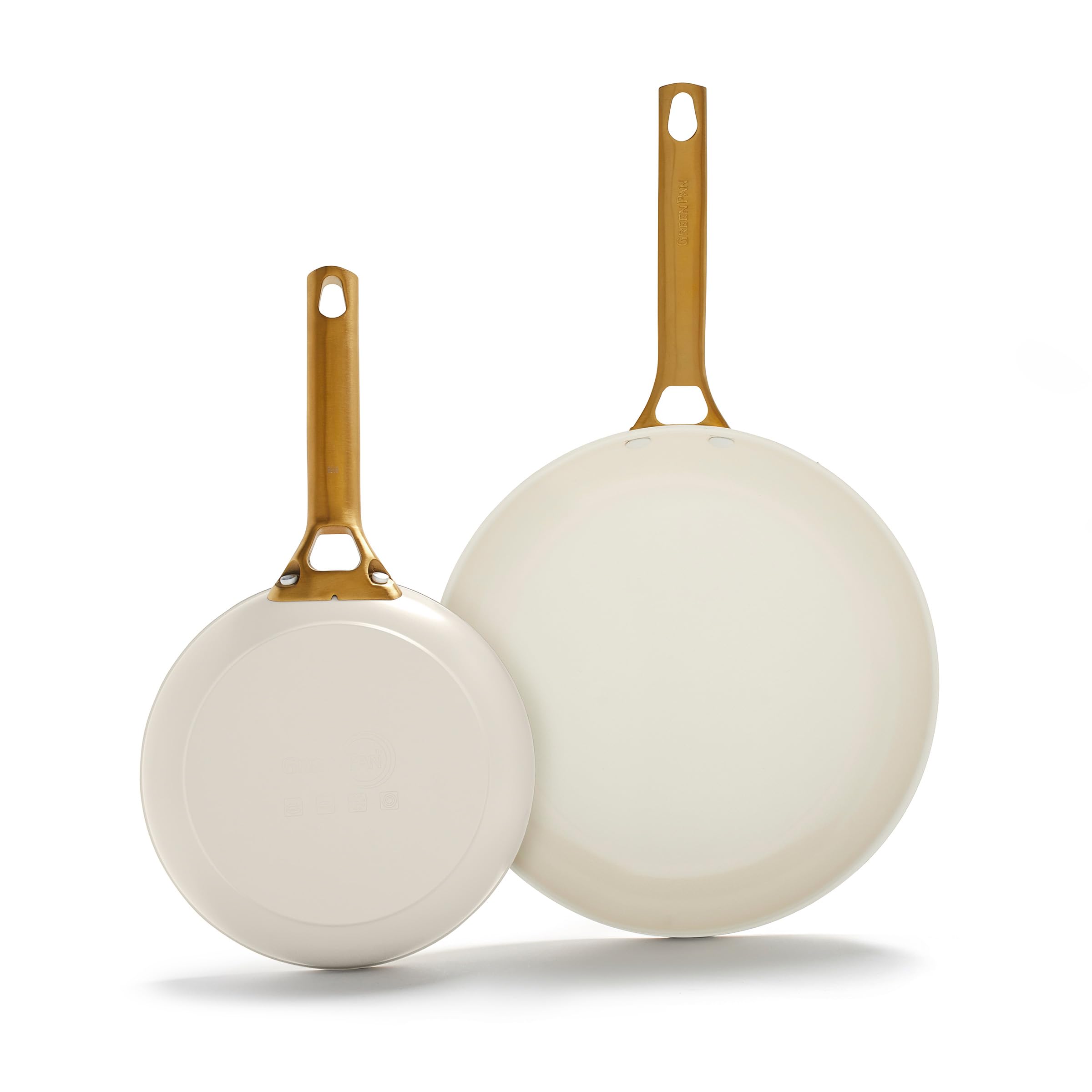 GreenPan Reserve Hard Anodized Healthy Ceramic Nonstick 8" and 10" Frying Pan Skillet Set, Gold Handle, PFAS-Free, Dishwasher Safe, Oven Safe, Cream White