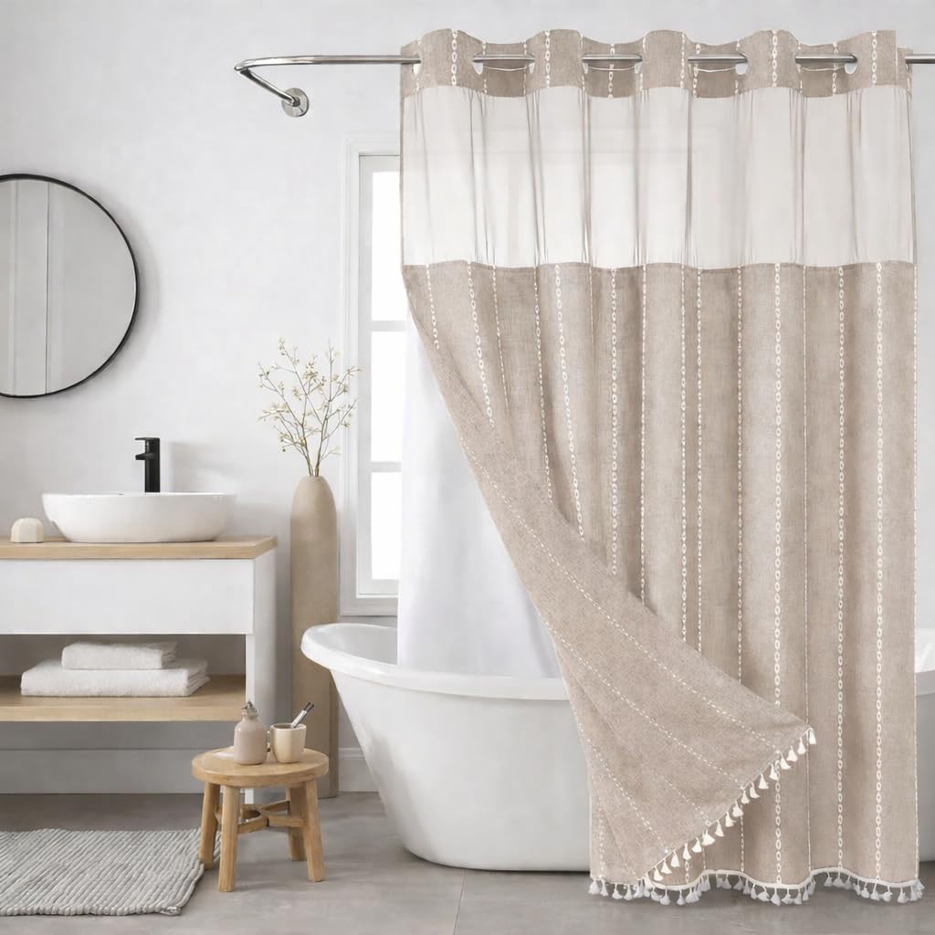 Maisonna Hookless Linen Shower Curtain Set with Snap-in Liner, No Hook Fabric Shower Curtain, Farmhouse Bathroom Curtain with Sheer Top Window, Machine Washable Beige 72x74 - 1