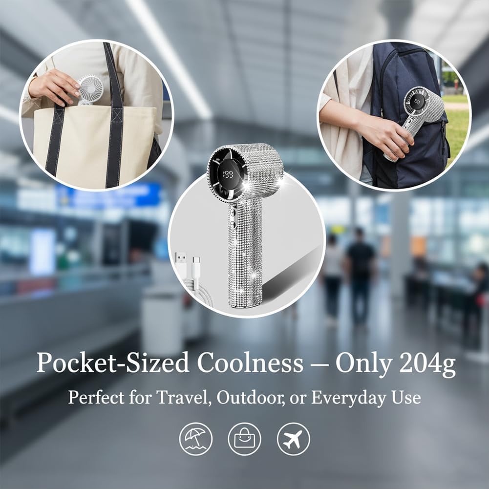 Diamond Portable Fan - Full Diamond Luxury Handheld Turbo Fan, Max 199 Wind Gear, Rechargeable with Digital Display, Up to 6 Hours Battery Life for Outdoor, Travel, Office (Sliver)