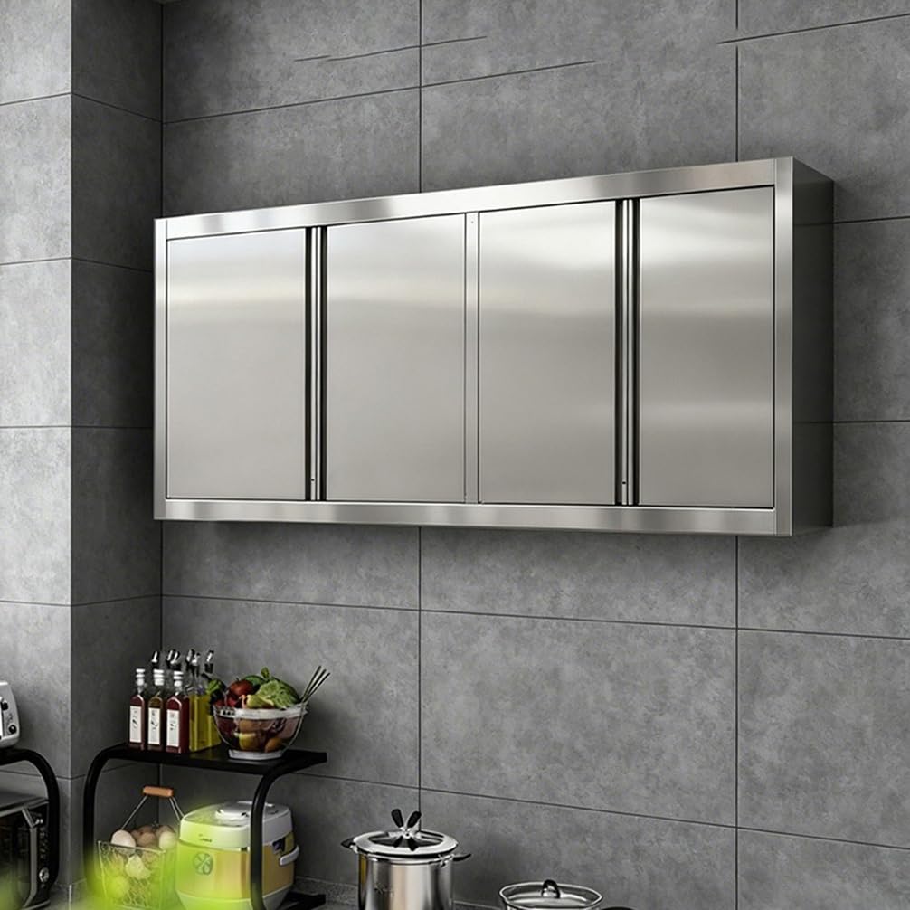 WYRNOBRX Stainless Steel Kitchen Wall Storage Cabinet - Smooth Sliding Door Pantry Organizer - Floating Wall Cabinets with Adjustable Shelves for Garage, Bathroom & Balcony,Silver,L180*H60*W35