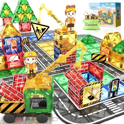 Coodoo Kids Games Magnetic Tiles Road Set with Extendable Magnetic Crane, City Construction Building Toys for Toddlers STEM Preschool Ages 4-6 5-7, Gifts for 3+ Year Old Boys Girls Kids Toys with Car