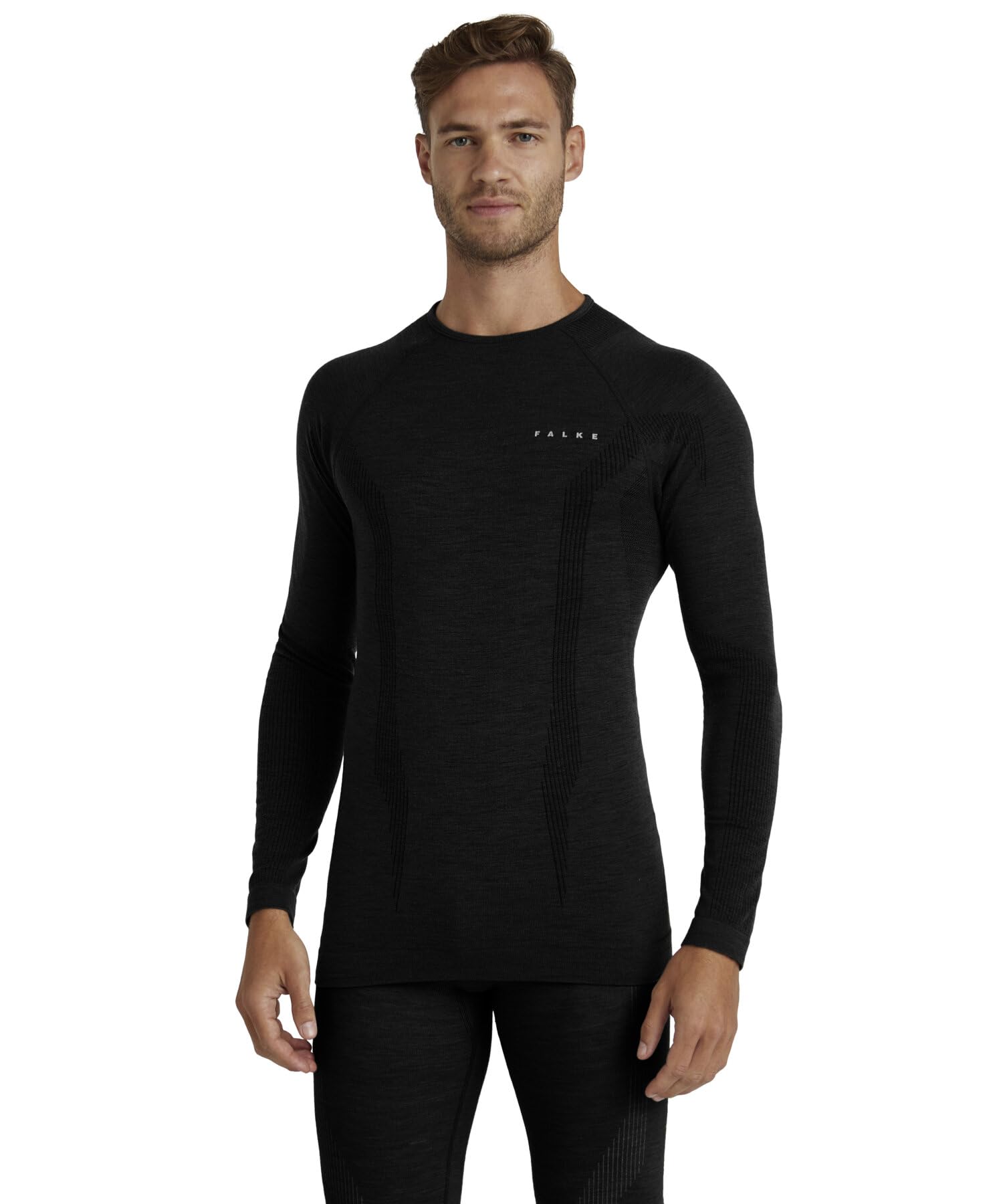 FALKE Heren Top van onderlaag Wool-Tech Round Neck M L/s Sh wol functioneel materiaal sneldrogend 1 stuk, Zwart Black 3000, L