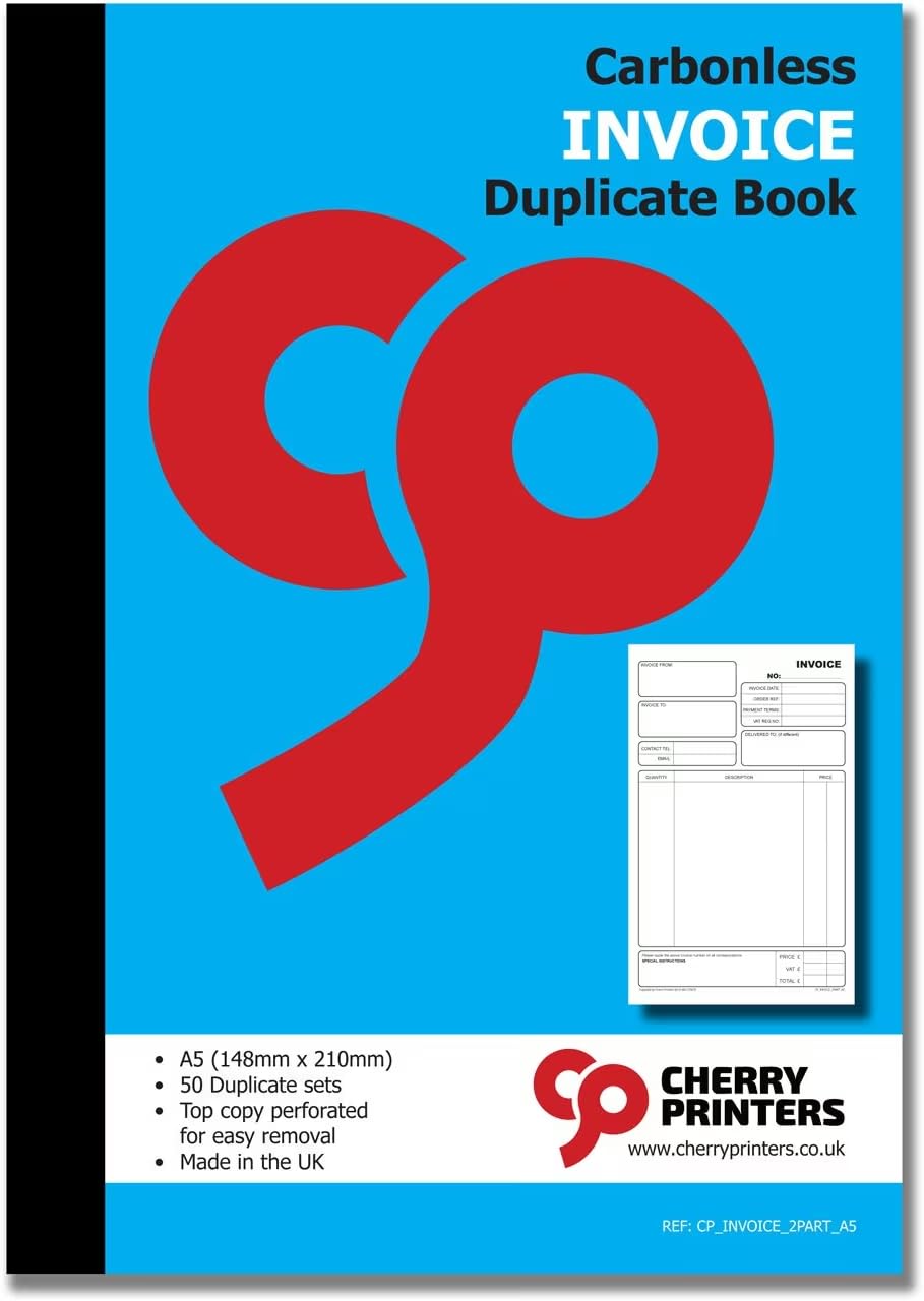 Cherry Carbonless NCR Invoice Book | Duplicate Book | A5 | 50 Sets | Perfect for The Self-Employed, Small and Larger Businesses | **20 Pack**