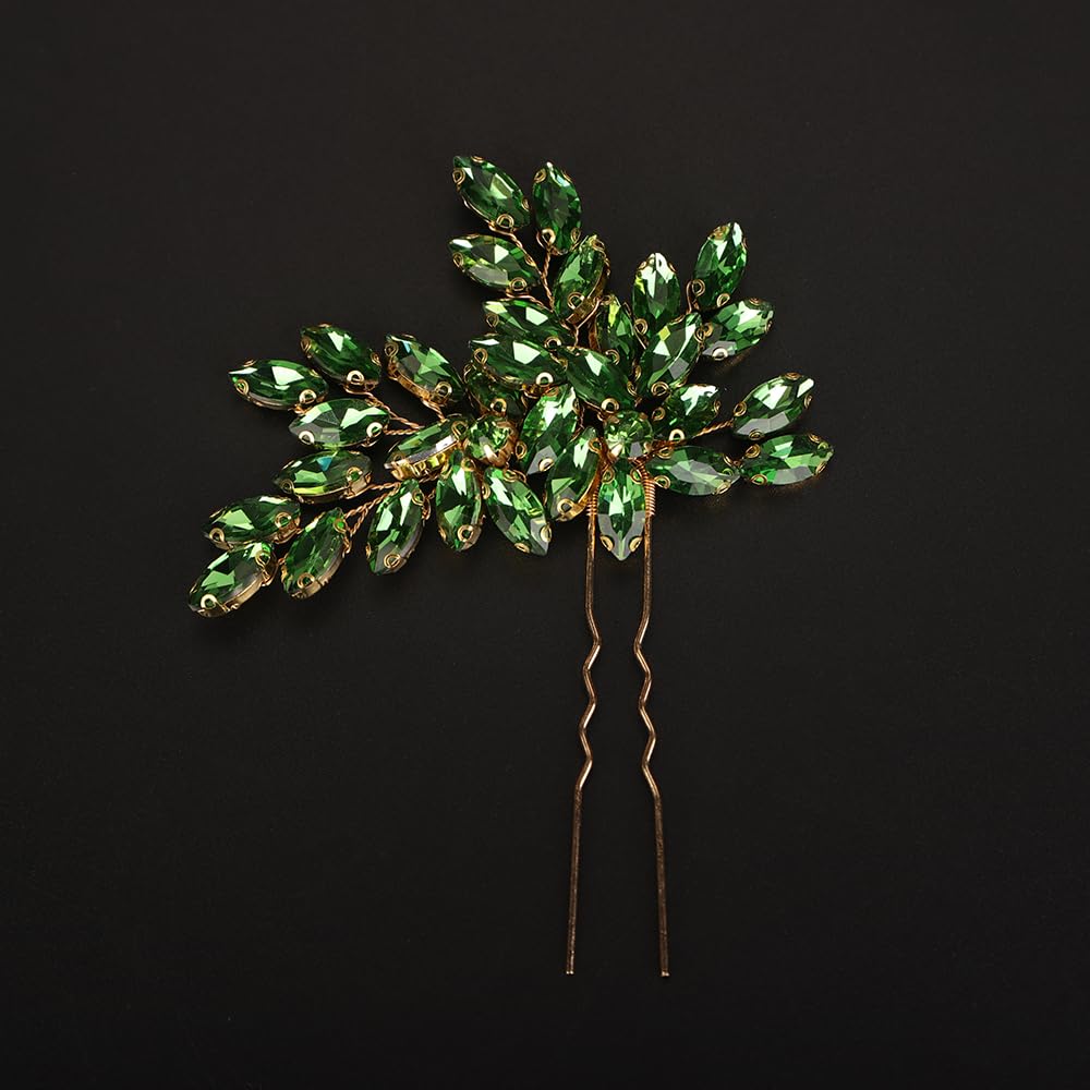 Teyglen Crystal Wedding Hair Pins Green Rhinestone Bridal Hair Clip Pin Flower Crystal Hair Piece Hair Accessories Jewelry for Women (Green)