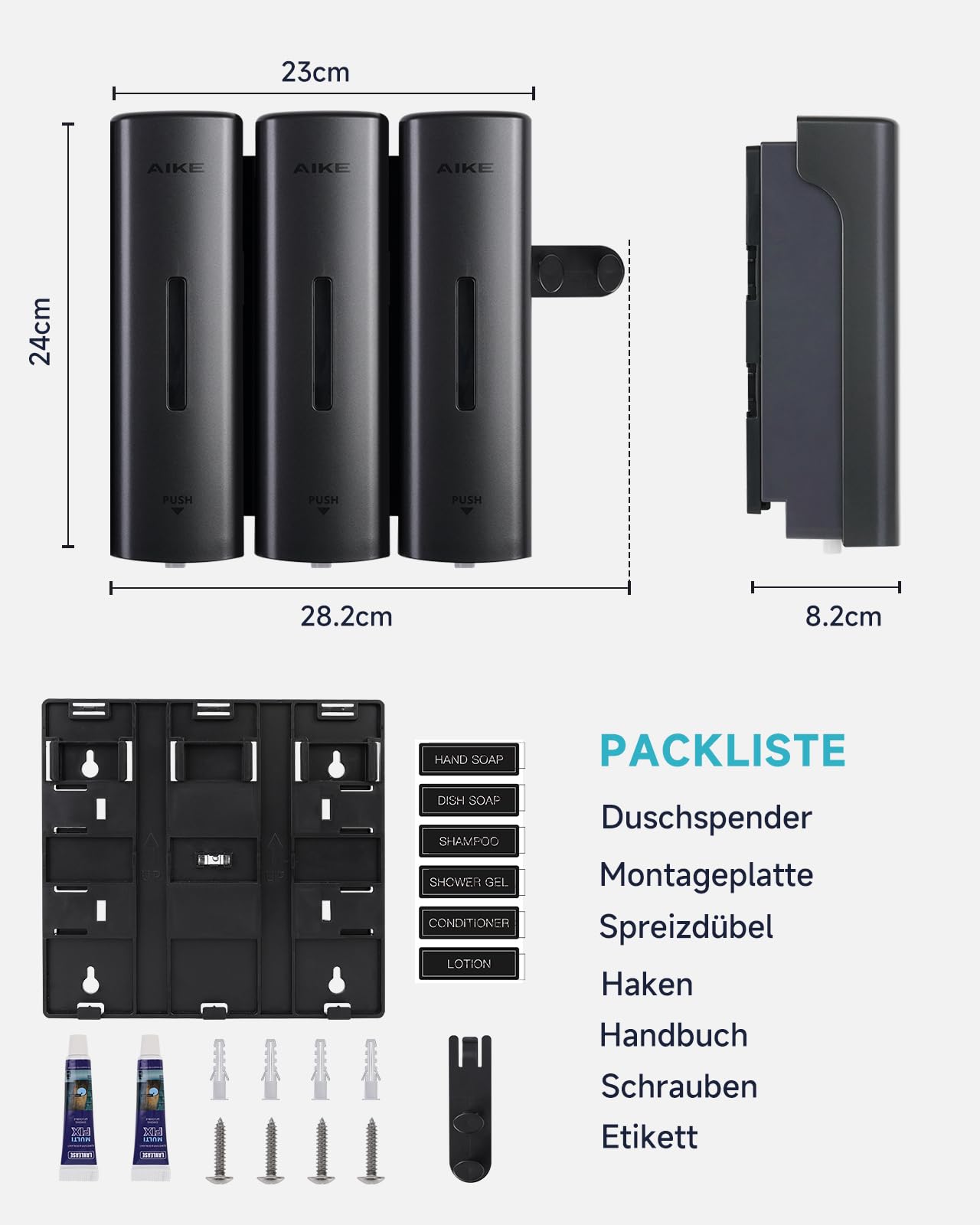 AIKE EasyPush Duschspender, Bohrfreie Wandmontage Für Shampoo & Spülung, Spart Platz, Dreifach