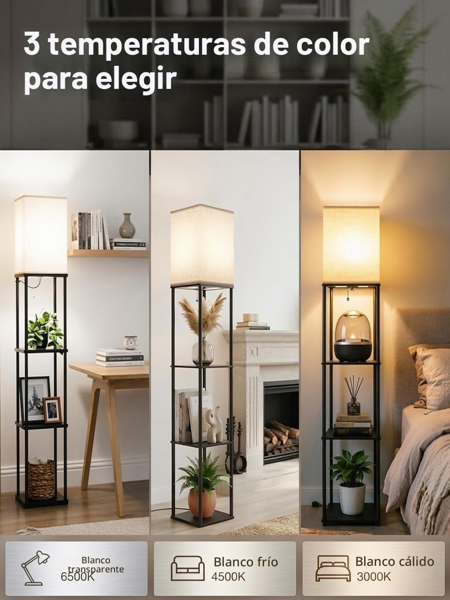Aimosen Lámpara de Pie Madera, Lámpara de Piso 3000K-5000K con Estante, Lámpara de Lectura con Portalámparas E27, con 3 Niveles, Decoraciones Interiores Adecuado Para el Salón y el Dormitorio