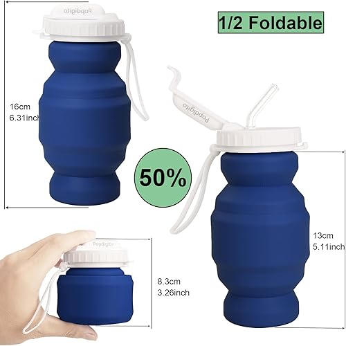 Miniatura 2 de Popdigito Botellas de agua plegables de silicona para viajes, 12.2 onzas fluidas con pajita, 11 onzas, reutilizable, plegable, ligera, portátil,