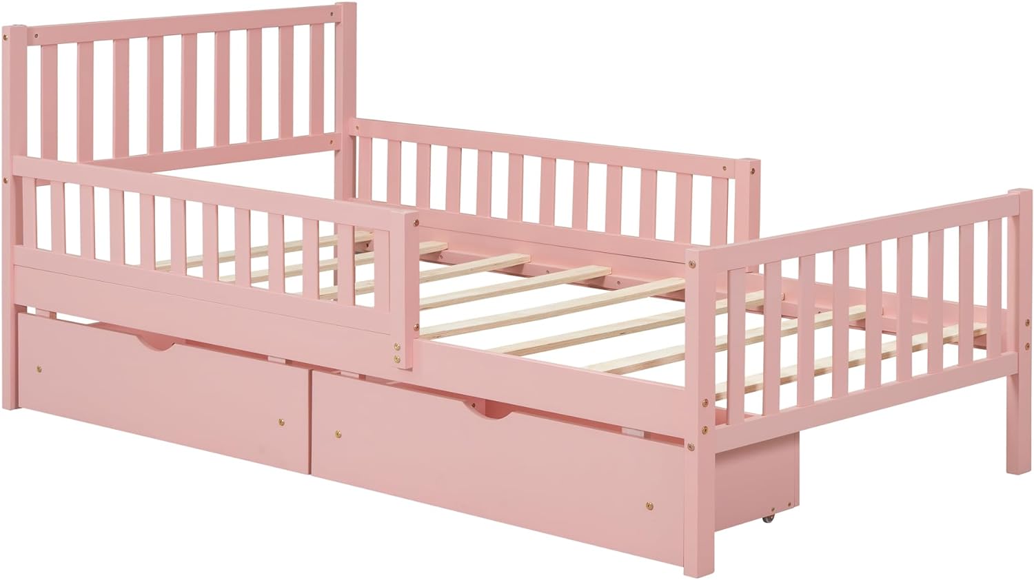 Side view of the DNYN Twin Platform Bed frame with slats installed and two drawers underneath.
